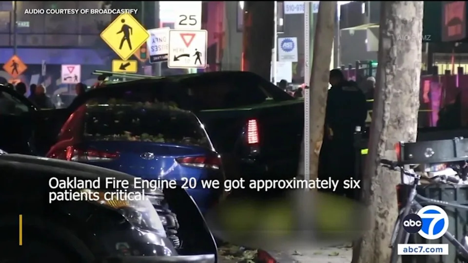 The driver slammed into a parked car and the victims, who were standing outside a market and liquor store at the time. ABC7