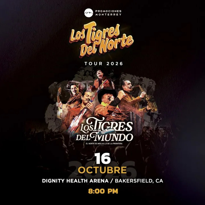 Poster art for Los Tigres del Mundo tour Bakersfield show.