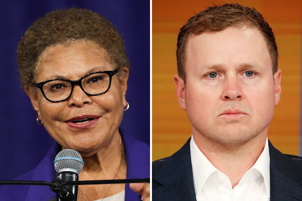 Left: Los Angeles Mayor Karen Bass speaks during the opening of the Metro D Line subway extension at the Petersen Automotive Museum in Los Angeles on May 8, 2026. Right: Spencer Pratt speaks during an appearance on "Fox & Friends" at Fox News headquarters on Wednesday, Jan. 28, 2026, in New York.