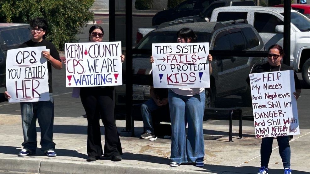 Protest for CPS to be investigated after 8-year-old found dead in a hotel. Protesters rally outside of Kern County Human Services.