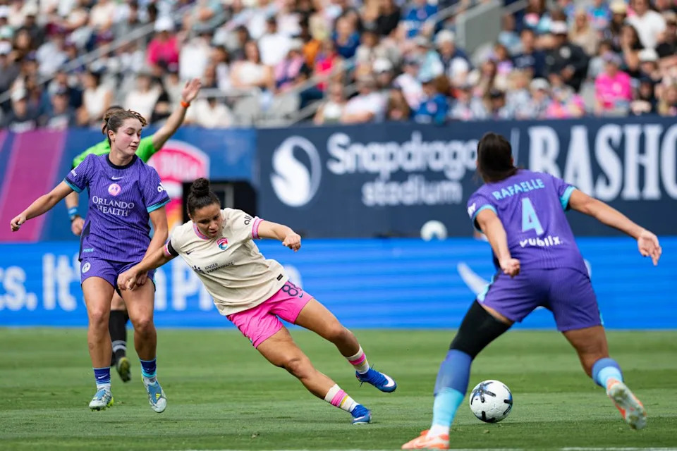San Diego Wave forward Gabi Portilho (81) gets tripped during an NWSL match between Orlando Pride SC and San Diego Wave FC on Sunday, May 24, 2026 at Snapdragon Stadium in San Diego Calif.