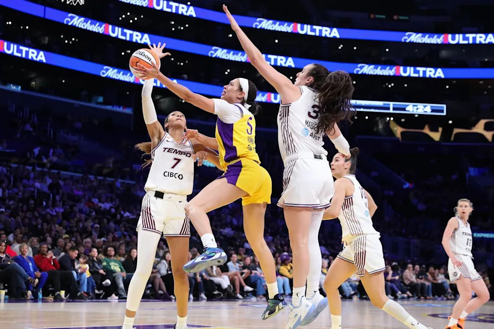 Los Angeles Sparks forward Dearica Hamby (5) drives the lane during a WNBA game against the Toronto Tempo on May 17, 2026 in Los Angeles, CA.