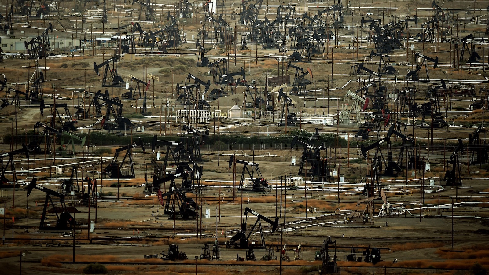 Dozens of oil pumpjacks are seen at the Kern River Oil Field in Bakersfield, California.