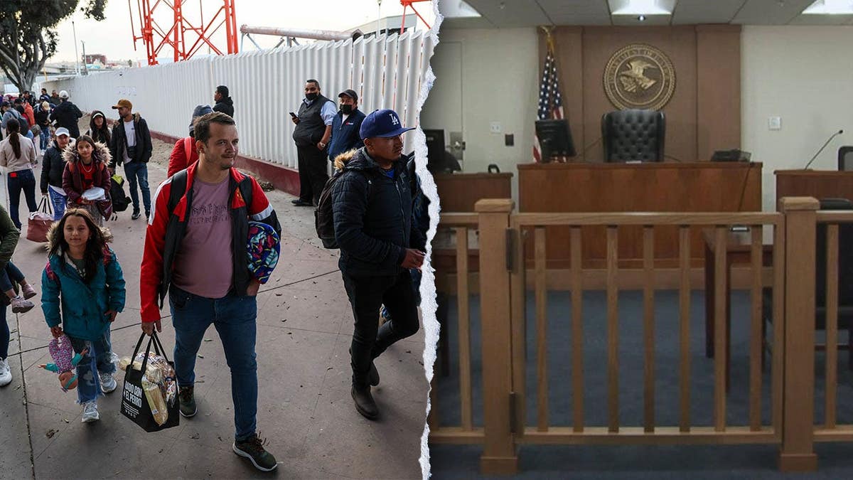 Asylum seekers seen walking toward the southern border in Tijuana, Mexico and a image of a courtroom in the Concord Immigration Court.