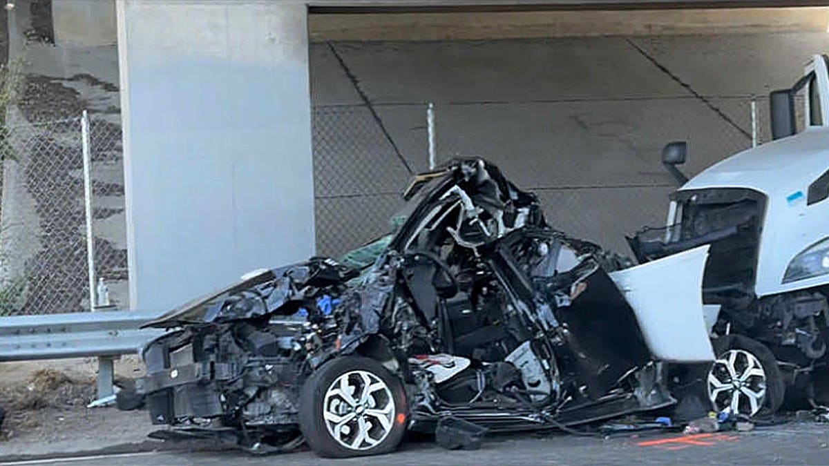 A completely crushed black sedan stands severely deformed next to a white semi struck