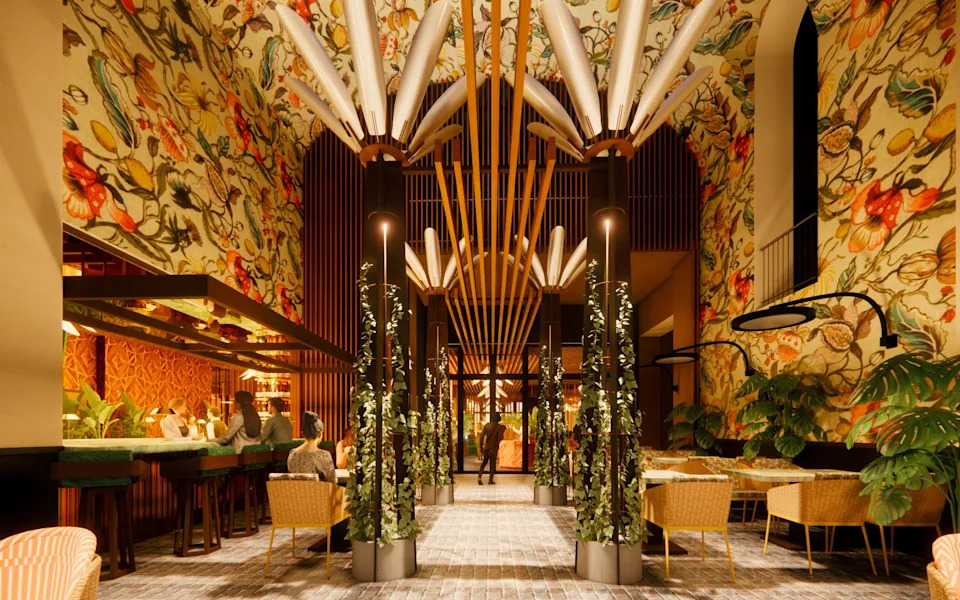 A rendering of the entrance of Flora in San Jose, featuring floral-themed lights and wallpaper, a bar on the left, and tables to the right.
