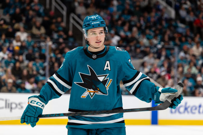 Macklin Celebrini San Jose Sharks alternate captain A patch home jersey