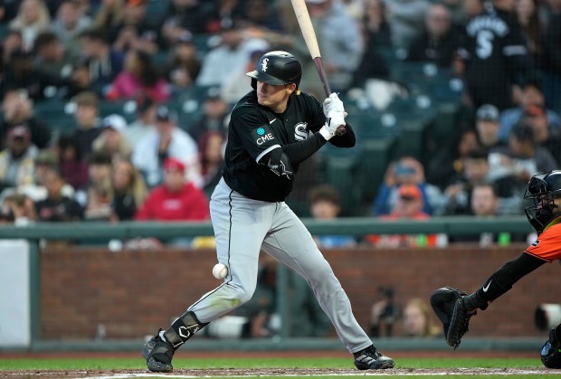 Sam Antonacci of the Chicago White Sox gets hit in the back of the leg by a pitch from Trevor McDonald of the San Francisco Giants in the top of the fourth inning at Oracle Park on May 22, 2026 in San Francisco. (Thearon W. Henderson/Getty Images)