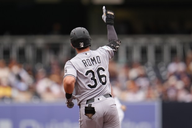 Chicago White Sox's Drew Romo celebrates after hitting a home run during the third inning of a baseball game against the San Diego Padres Sunday, May 3, 2026, in San Diego. (AP Photo/Gregory Bull)