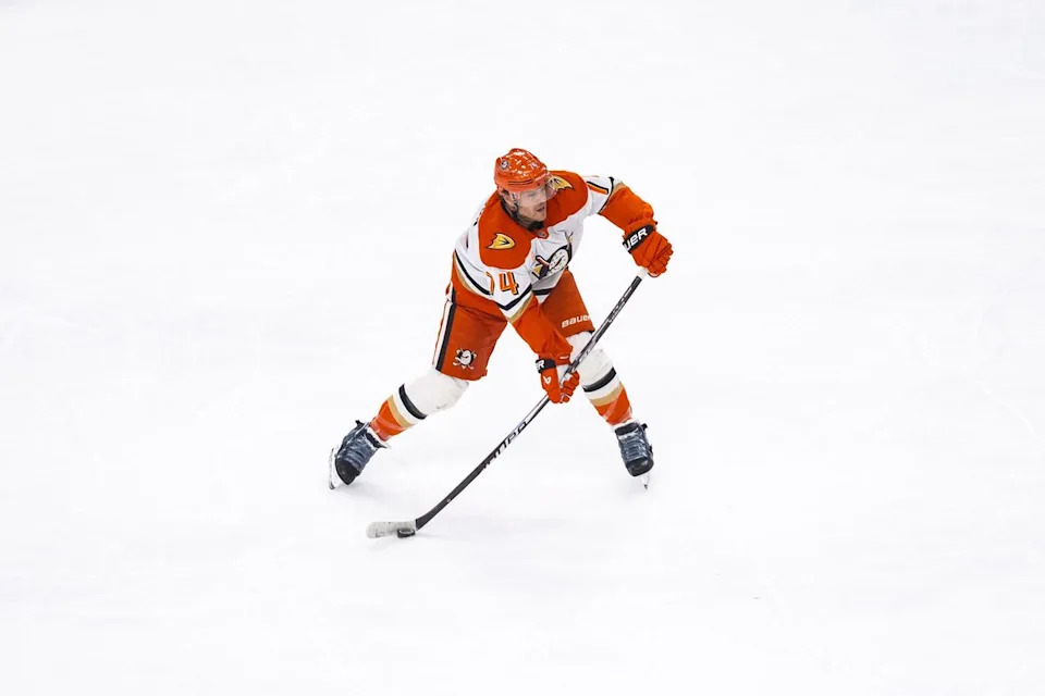 Anaheim Ducks defenseman John Carlson (74) looks to pass the puck during game 2 of a NHL playoff game between the Vegas Golden Knights and the Anaheim Ducks, Wednesday May 6, 2026 in Las Vegas, Nev.