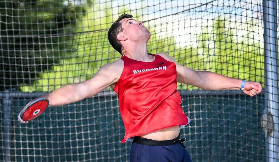 Buchanan's Karsyn Van Grouw throws in the boys' discus event during the CIF state track and field championships at Veterans Memorial Stadium in Clovis on Saturday, May 30, 2026.