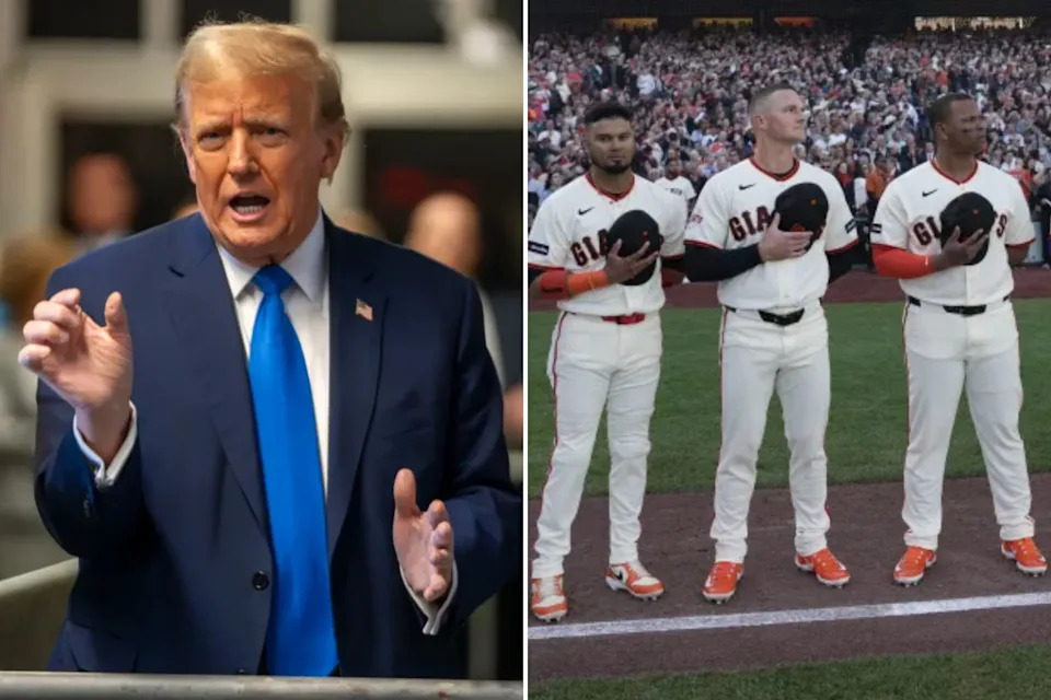 An image collage containing 2 images, Image 1 shows Donald Trump speaking during his criminal trial, Image 2 shows San Francisco Giants baseball players lined up on the field with their hats over their hearts during pregame ceremonies