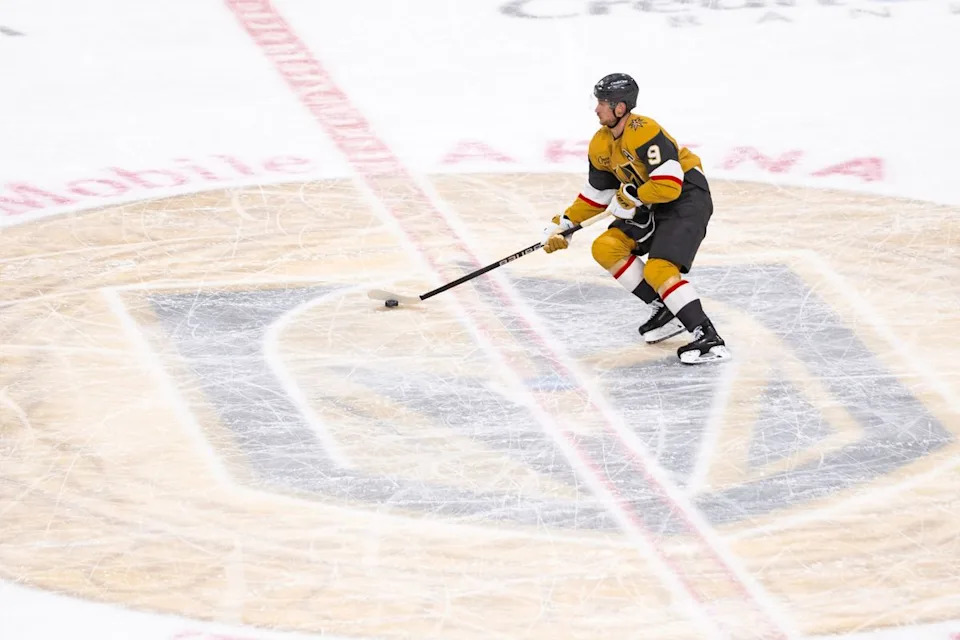 Vegas Golden Knights center Jack Eichel (9) skates the puck up center ice during game 2 of a NHL playoff game between the Vegas Golden Knights and the Anaheim Ducks, Wednesday May 6, 2026 in Las Vegas, Nev.