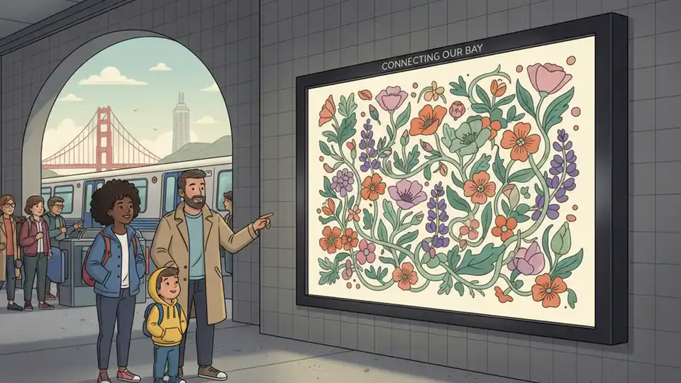 Close-up view of an illuminated light box artwork featuring vibrant floral and botanical imagery in a transit station setting, with soft glowing light highlighting the details