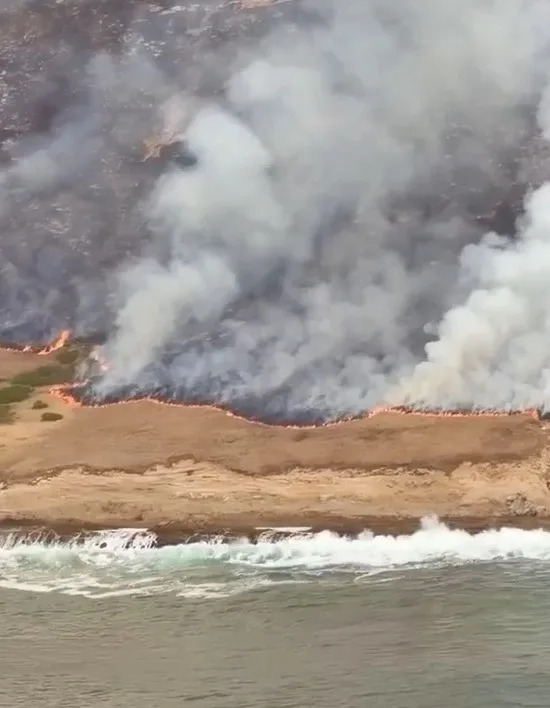 Brush fires on Santa Rosa Island burning along the coastline. Storyful.com