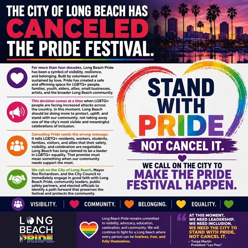 City officials pulled the plug on the 43rd annual Long Beach Pride Festival on Friday over missing paperwork and inspection failures. Instagram/@lbpride