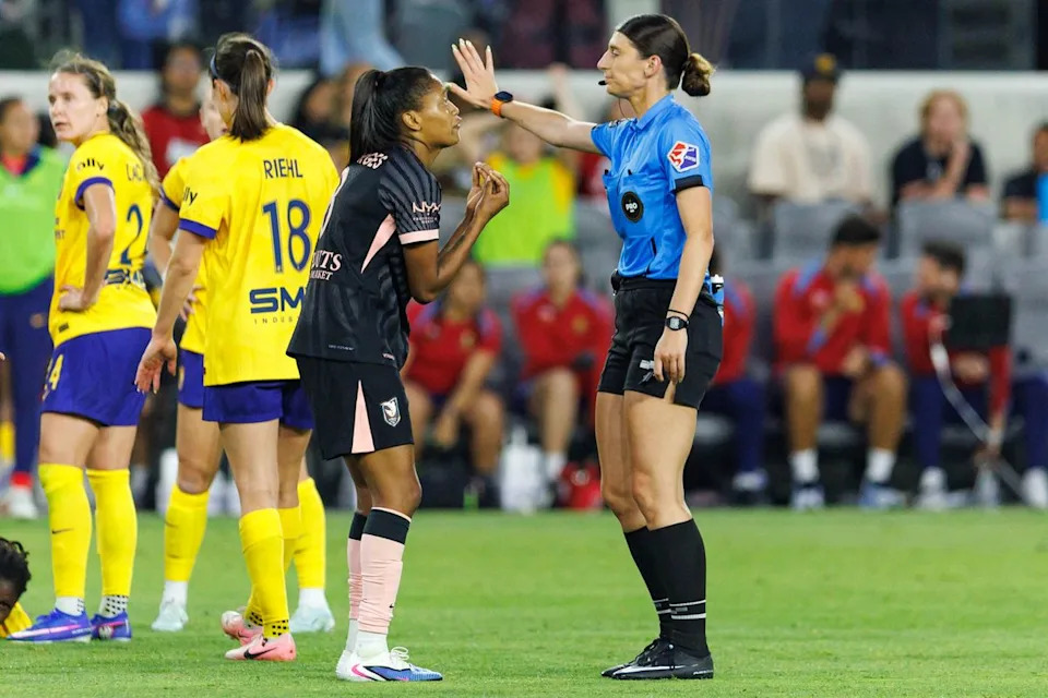 Ary Borges #8 of Angel City FC pleads her case during an NWSL match against the Utah Royals on May 2, 2026 at BMO Stadium in Los Angeles, California.