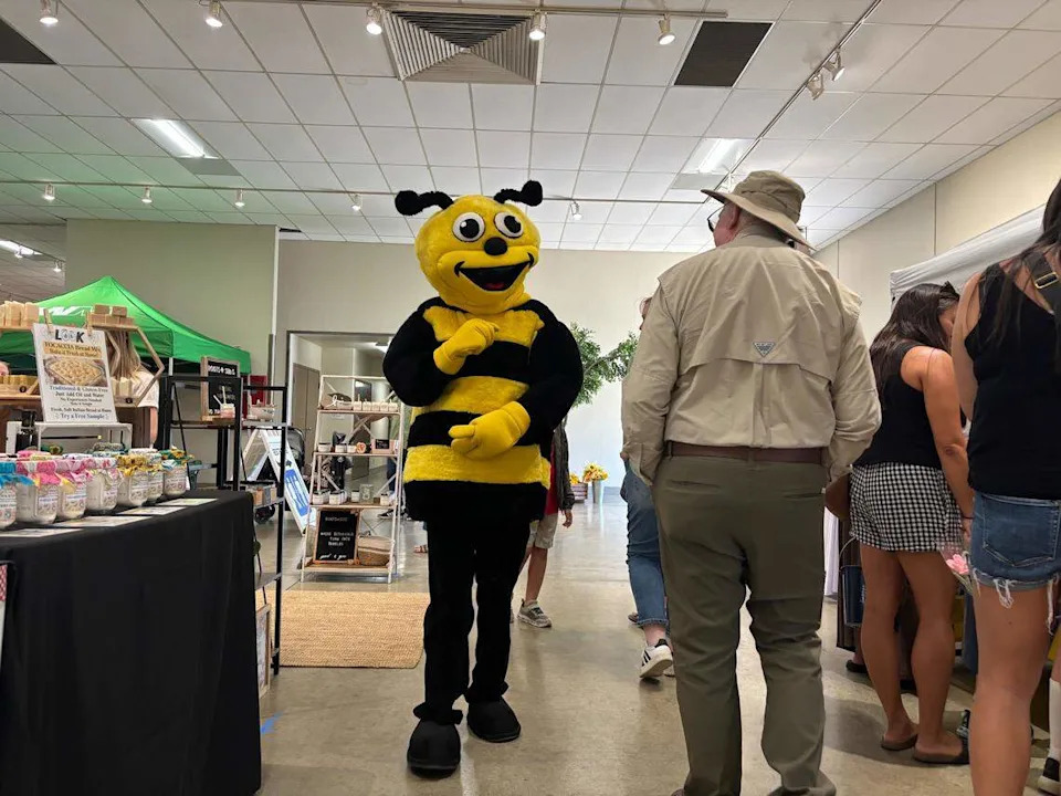 The California Honey Festival’s mascot, BZ Bee, greets visitors at the Yolo County Fairgrounds on Saturday.