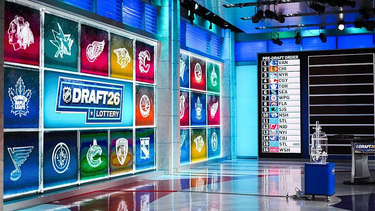<div>SECAUCUS, NEW JERSEY - MAY 05: Detailed view of the 2026 NHL Draft Lottery set at the NHL Network Studio on May 5, 2026 in Secaucus, New Jersey.</div><strong>(Jared Silber / NHLI / Getty Images)</strong>