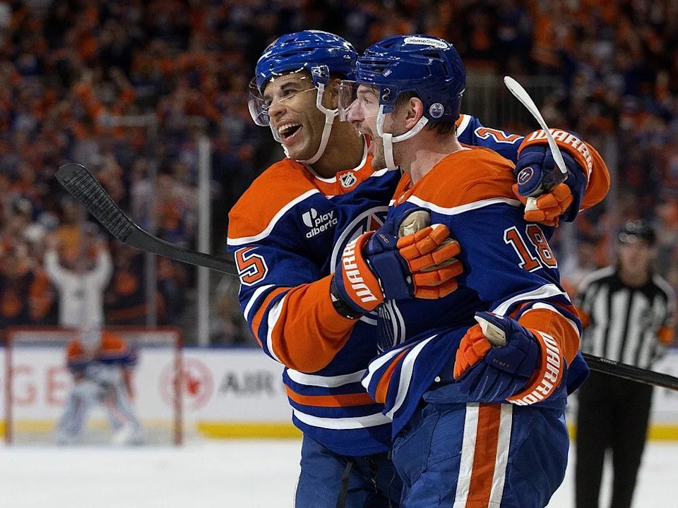 Edmonton Oilers’ Zach Hyman (18) celebrates his goal against the Los Angeles Kings with Darnell Nurse (25) during first period NHL playoff action, in Edmonton Thursday May 1, 2025. Photo by David Bloom