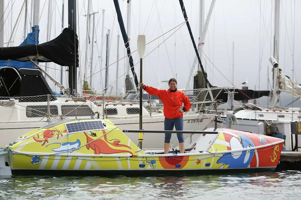 Long-distance ocean rower Lia Ditton, shown with her boat in Sausalito in 2019, completed the journey to Hawaii in 86 days in 2020. (Lea Suzuki/S.F. Chronicle)