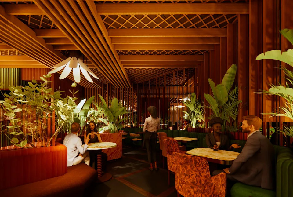 A rendering of the interior of Flora in San Jose, with pairs of people seated at tables with plants around them.