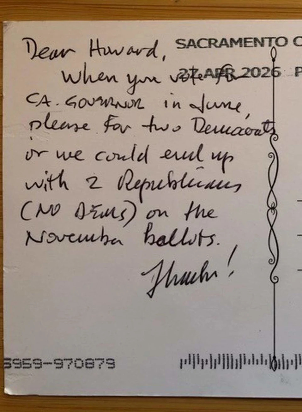 A handwritten, unsigned postcard received by a Nevada City Democrat urged him to vote for two candidates, a move that would invalidate his ballot.