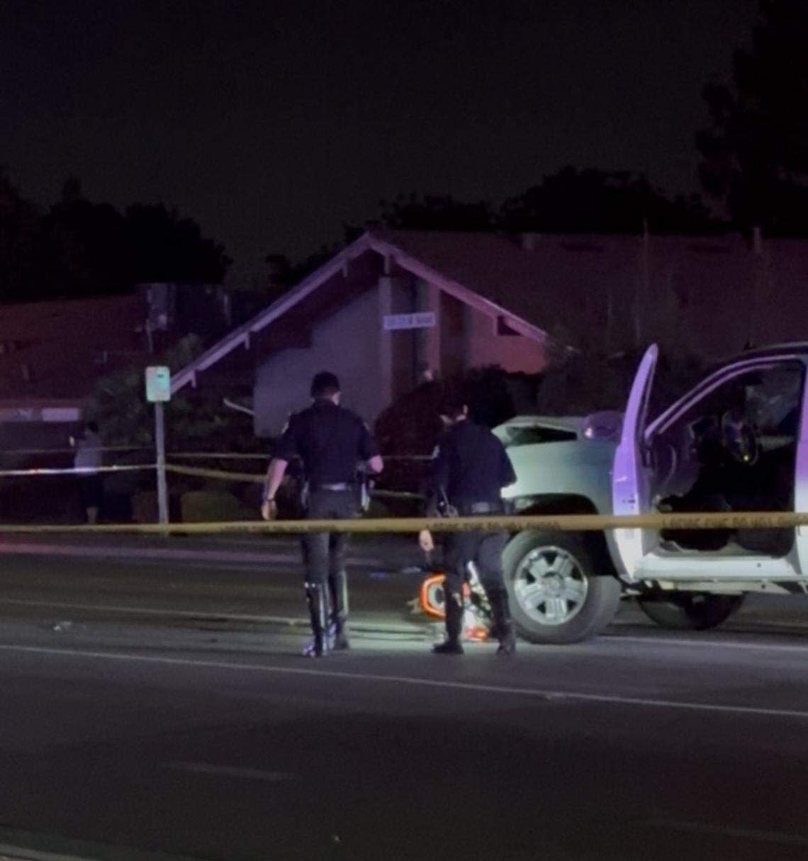 A motorcycle remained intact following a crash with a truck at Bullard and Palm avenues in Fresno, California on Friday, May 1, 2026.