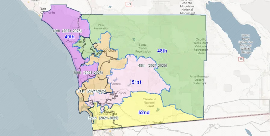 <em>A map of San Diego’s newly drawn congressional districts (San Diego County)</em>.