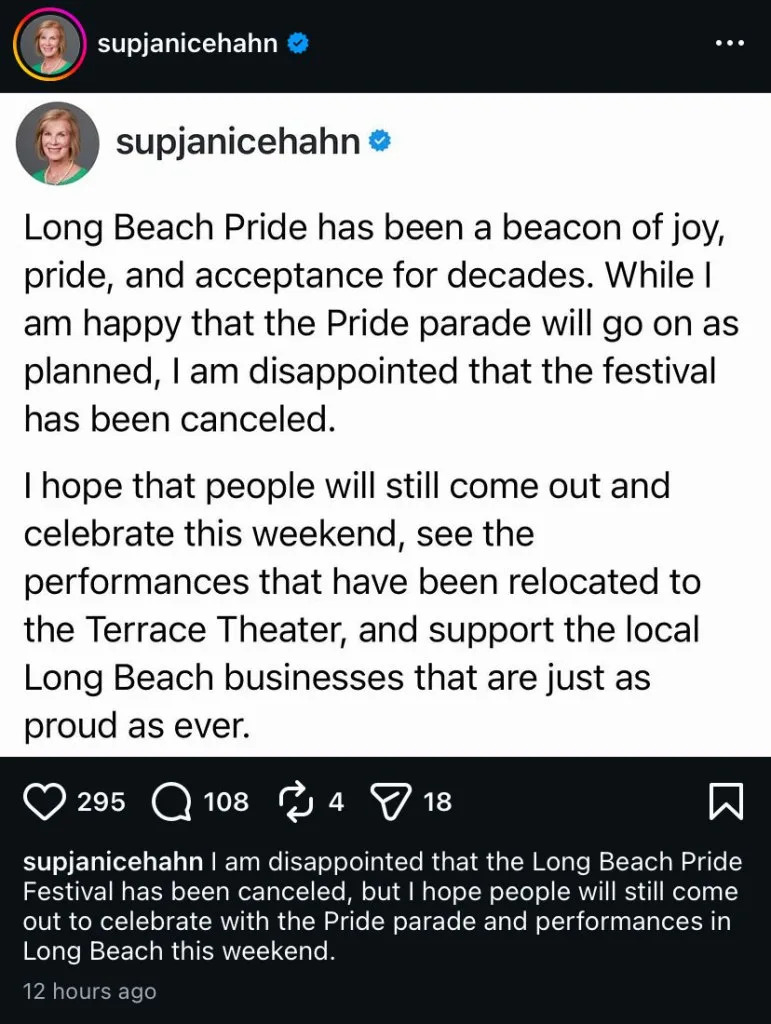 An Instagram post from @supjanicehahn discussing the Long Beach Pride festival cancellation. Instagram/@supjanicehahn