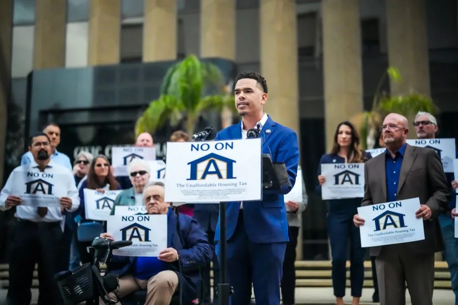 <em>Shane Harris, spokesperson for No on Measure A campaign, speaks during a press conference. (No on Measure A Campaign)</em>