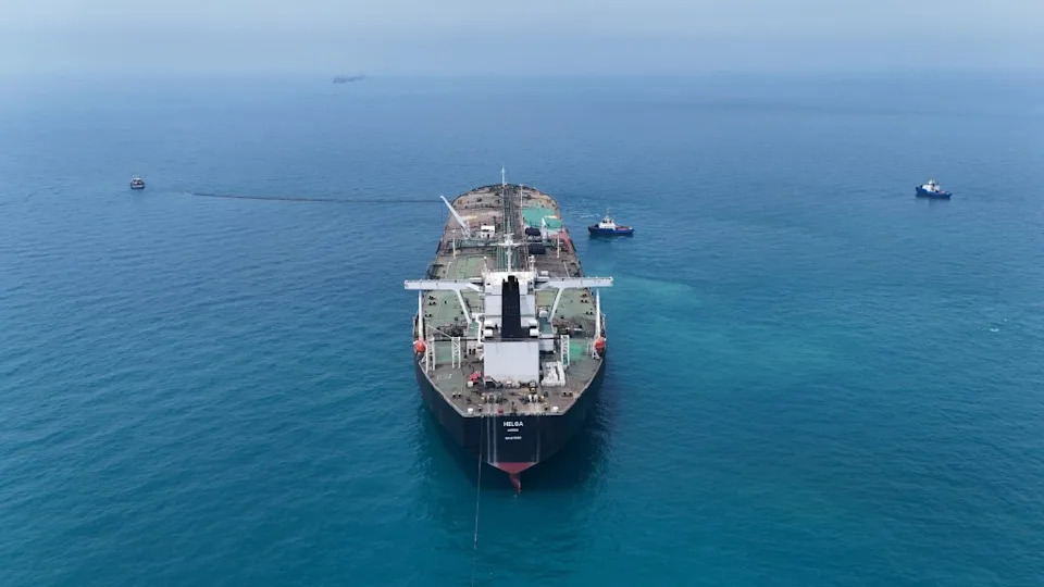 Drone view of oil tanker HELGA berthed at one of Iraq’s southern offshore oil terminals REUTERS