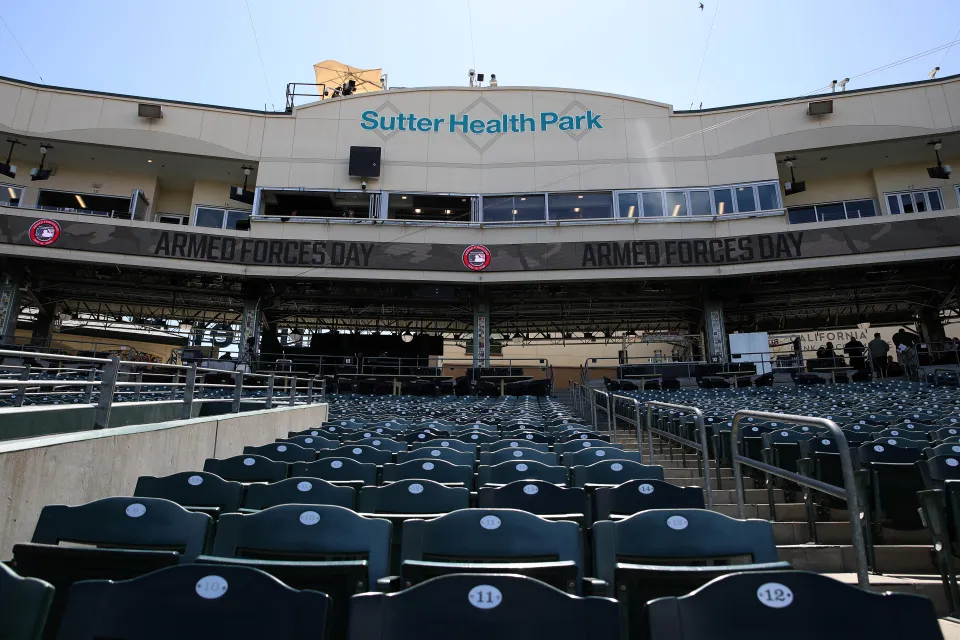 A general view of the Armed Forces Day logo on the scoreboard before a baseball game between the Athletics and the San Francisco Giants at Sutter Health Park on May 16, 2026 in Sacramento, California.