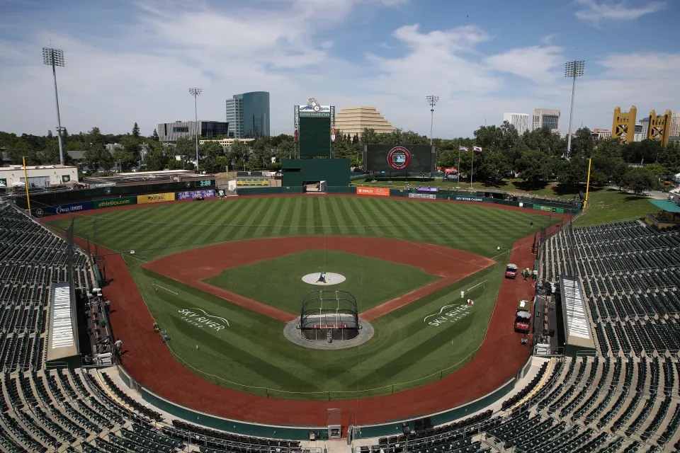 A general view of the Armed Forces Day logo on the scoreboard before a baseball game between the Athletics and the San Francisco Giants at Sutter Health Park on May 16, 2026 in Sacramento, California.