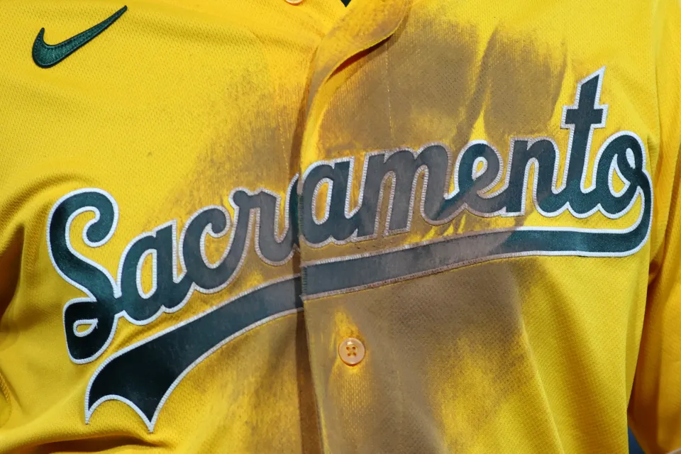A general view of the Sacramento jersey worn by Tyler Soderstrom #21 of the Athletics during a baseball game against the San Francisco Giants at Sutter Health Park on May 16, 2026 in Sacramento, California.