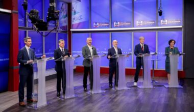 Candidates in California's gubernatorial race look on during a debate in San Francisco. (Jason Henry/Pool Photo via AP)