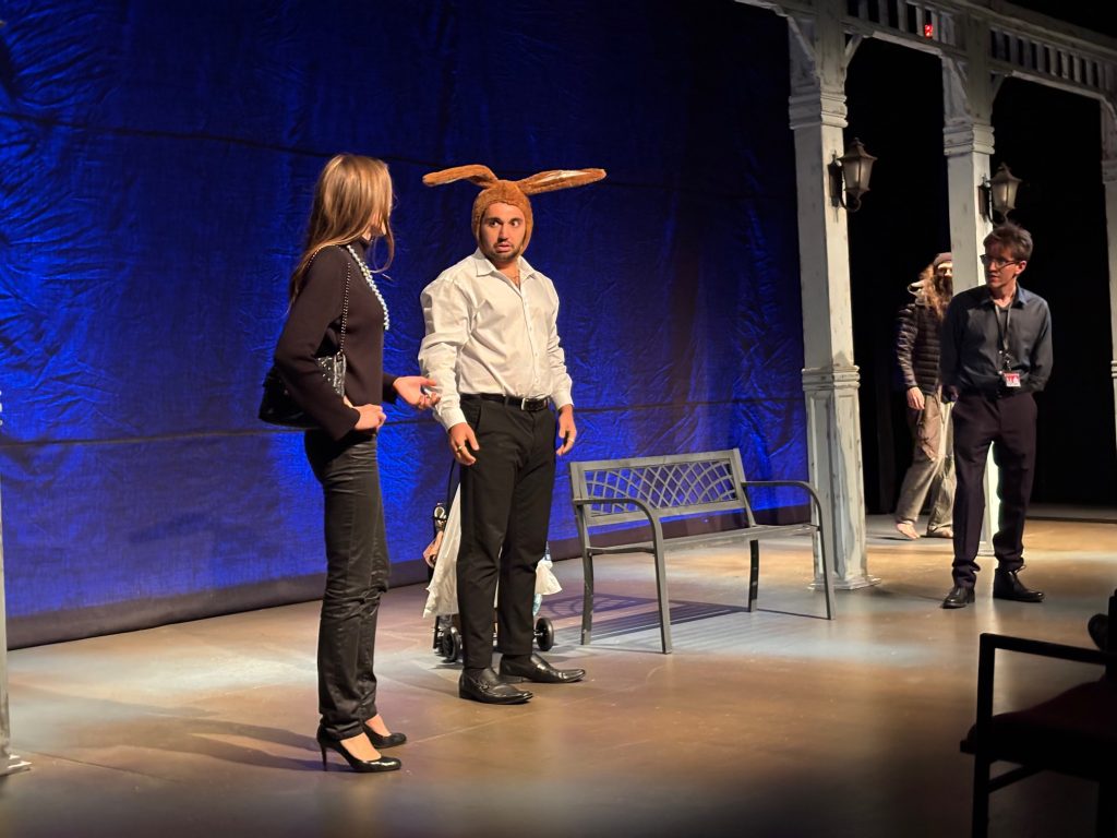This Ends Badly short plays ensemble cast on stage with bench scene Echo Theater Atwater Village