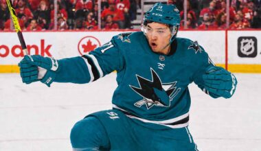 An image of Jason Robertson, wearing a teal San Jose Sharks jersey with number 71, celebrating a goal on the ice. This photo visually depicts the blockbuster trade rumor scenario.