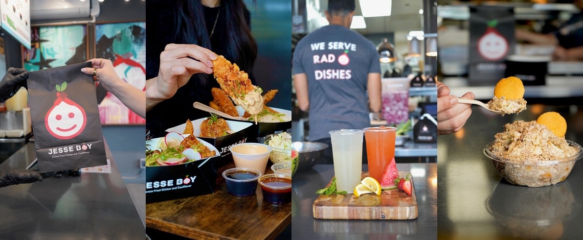 A Jesse Boy branded takeout bag being handed across a counter at the West Hollywood location