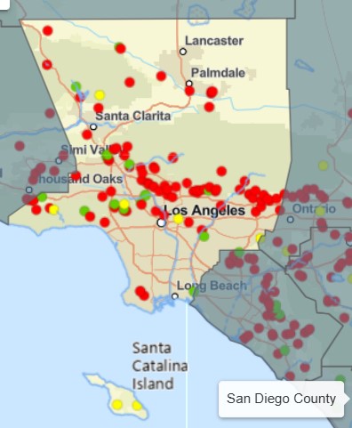 Los Angeles County dams. Red means higher hazard potential. (US Army Corps of Engineers)