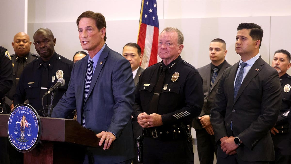 Los Angeles County District Attorney Nathan Hochman speaks at podium