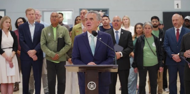 San Diego City Council President Joe LaCava speaks at a May 13 news conference about the city budget for the next fiscal year. (Screenshot by Ashley Mackin-Solomon)