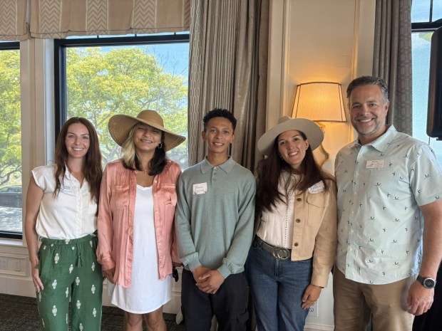 Southwestern College professor Holly McMullen, Southwestern College scholarship recipient Ingrid Salas, MiraCosta College scholarship recipients Daniel Clayton and Rebecca Reeves and MiraCosta College dean Mike Fino attend the 2026 La Jolla Garden Club spring luncheon. (Provided by Becky Carcova)
