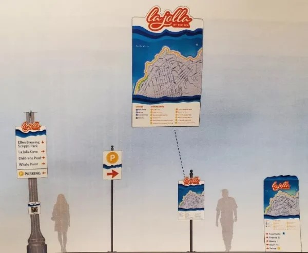 A rendering of La Jolla directional signs presented to local boards last year was minimally altered (the text below the map was changed from orange to blue) before being approved by the La Jolla Village Merchants Association. (File)