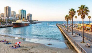 Beach and city skyline in long beach, california, with palm trees and ships.