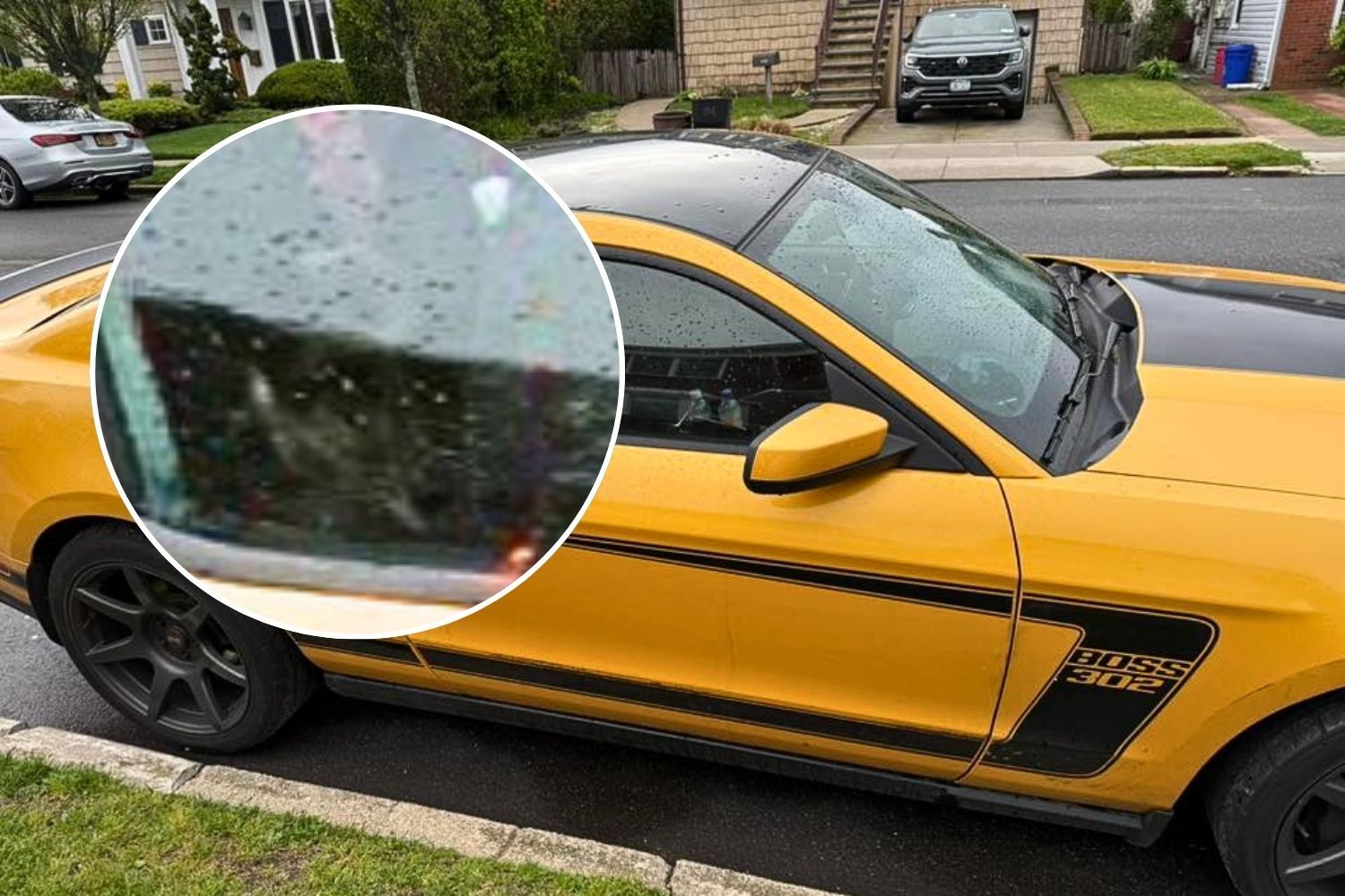 Yellow Ford Mustang parked on a Long Beach street with inset circle highlighting a three-legged German shepherd inside the vehicle.