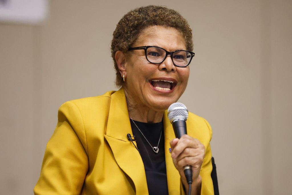 Los Angeles Mayor Karen Bass speaking at a mayoral debate.