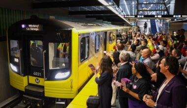 One of the first trains open to the public arrives to the Wilshire/Fairfax station during the opening of the Metro D Line subway extension in Los Angeles on May 8, 2026.