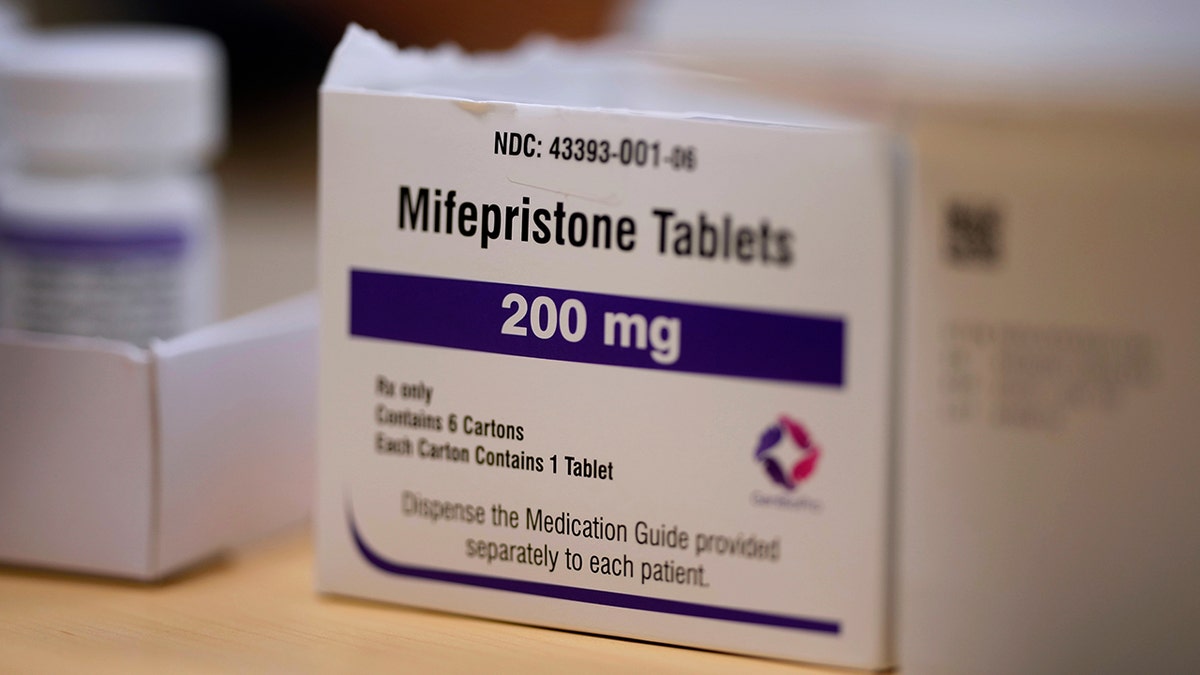 Mifepristone tablets box on a surface inside a Planned Parenthood clinic in Ames, Iowa