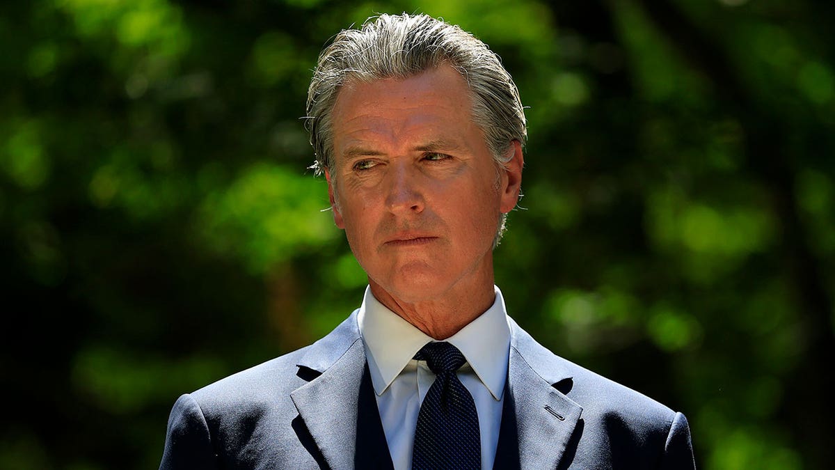 California Gov. Gavin Newsom looking on during news conference with Texas lawmakers